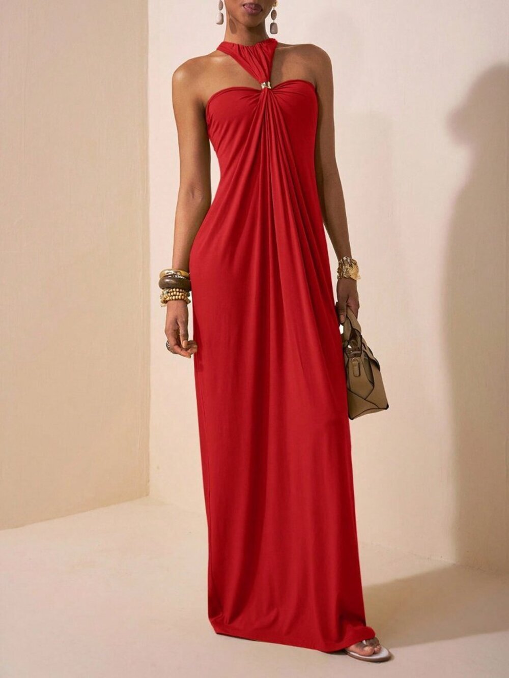Red Casual Women's Draping Maxi Halter Neck Dress